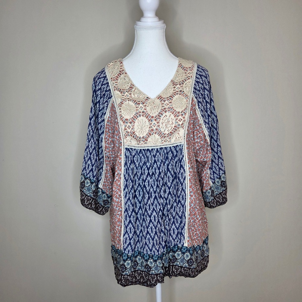John‎ Mark Womens Blue Pink Mixed Print Crochet V-Neck Boho Tunic Top M